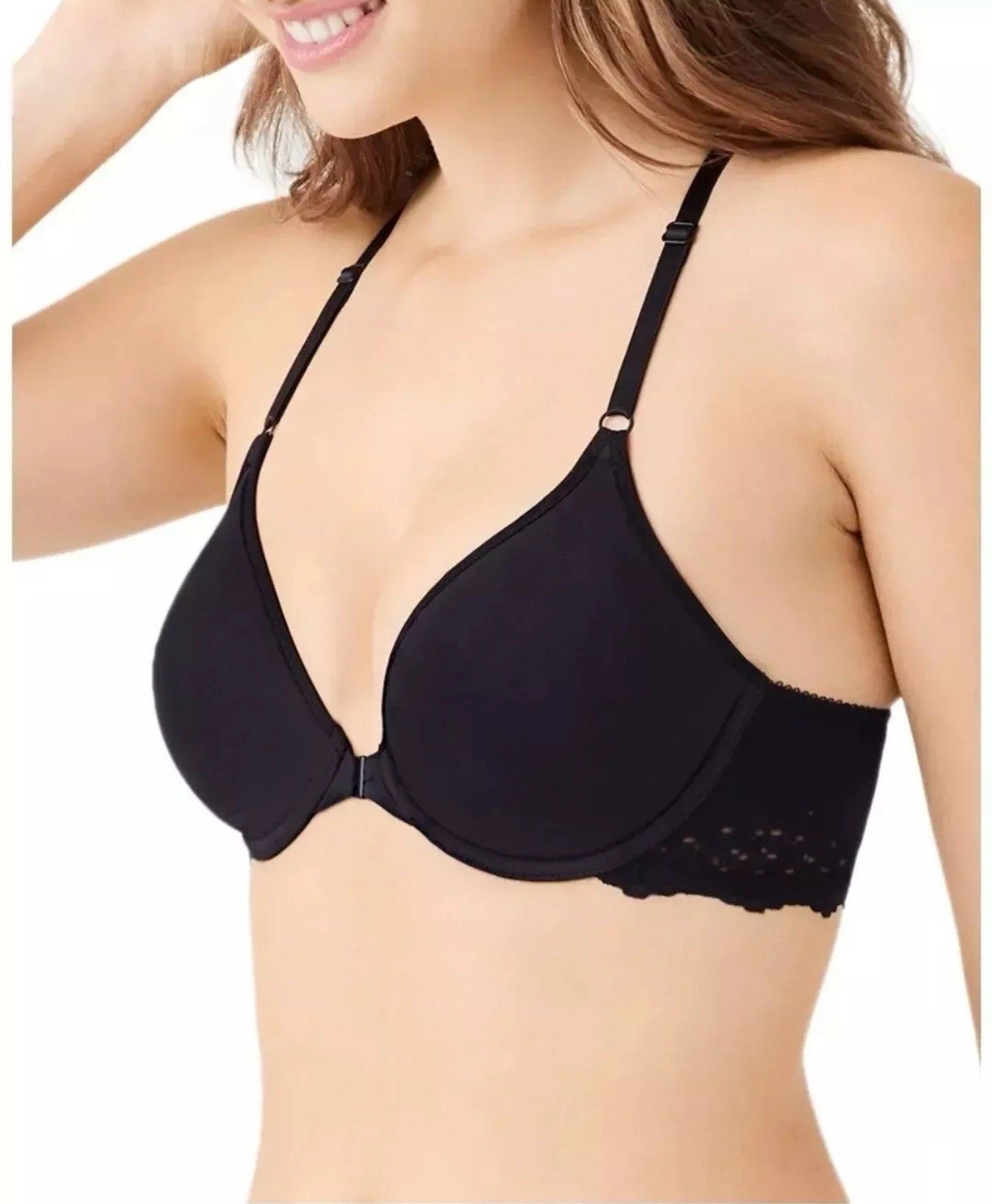b.tempt'd by Wacoal Inspired Eyelet Front Close Contour T-Shirt Bra, Black, 32DD