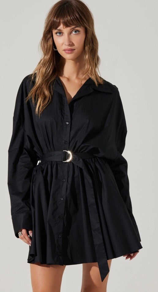 ASTR The Label Winica Belted Mini Shirtdress Medium Black 
