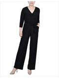NY Collection Jumpsuit Womens Size Small Petite PS Black 3/4 Sleeve Belted New