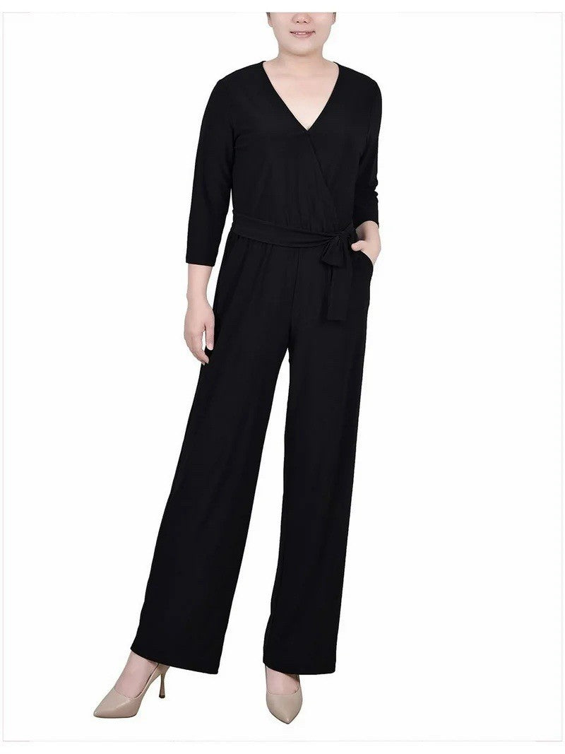 NY Collection Jumpsuit Womens Size Small Petite PS Black 3/4 Sleeve Belted New