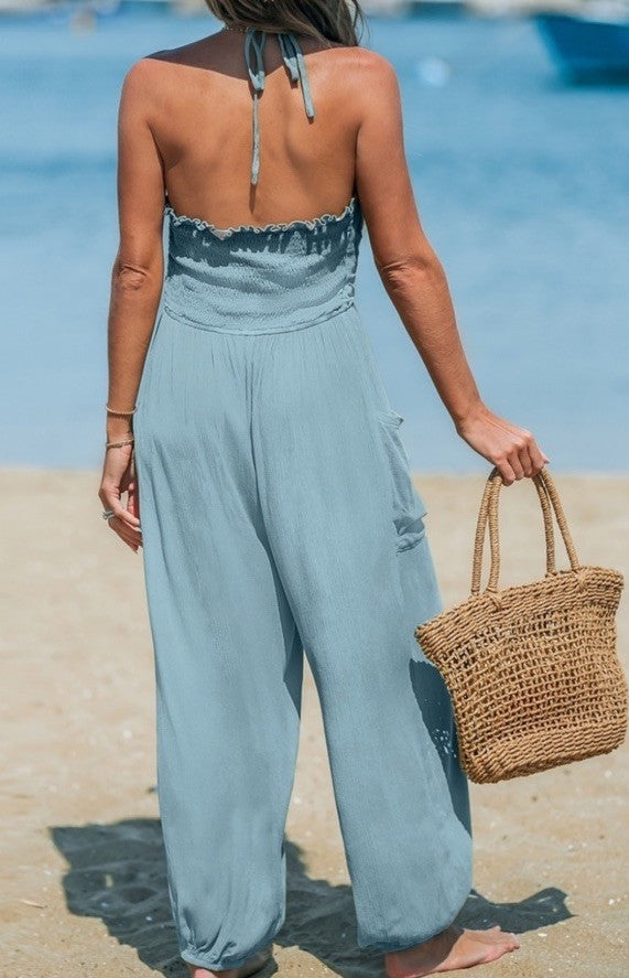 Cupshe Plunge Halter Jogger Jumpsuit Blue Size L