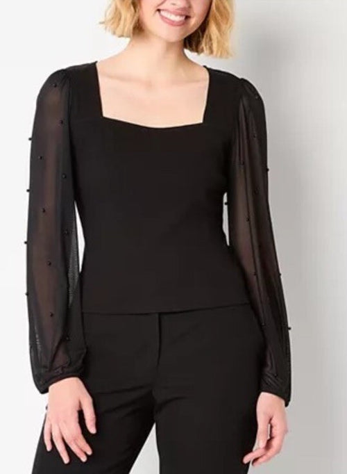 BCX Juniors' Square-Neck Beaded Balloon-Sleeve Top Black XS
