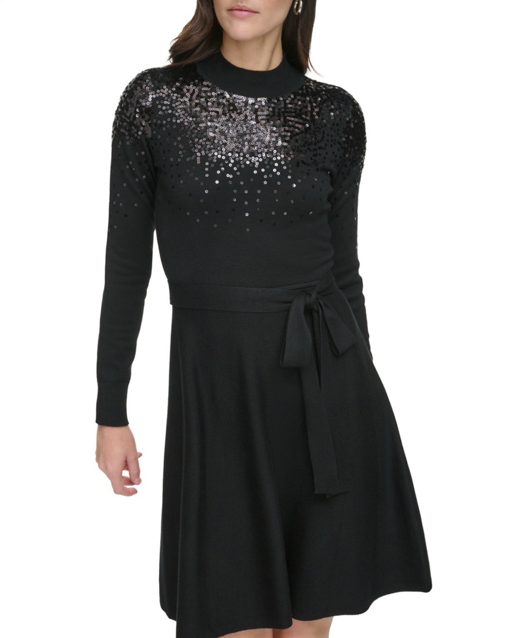 Vince Camuto Women's Black Sequin Embellished Turtleneck Fit & Flare Dress XL