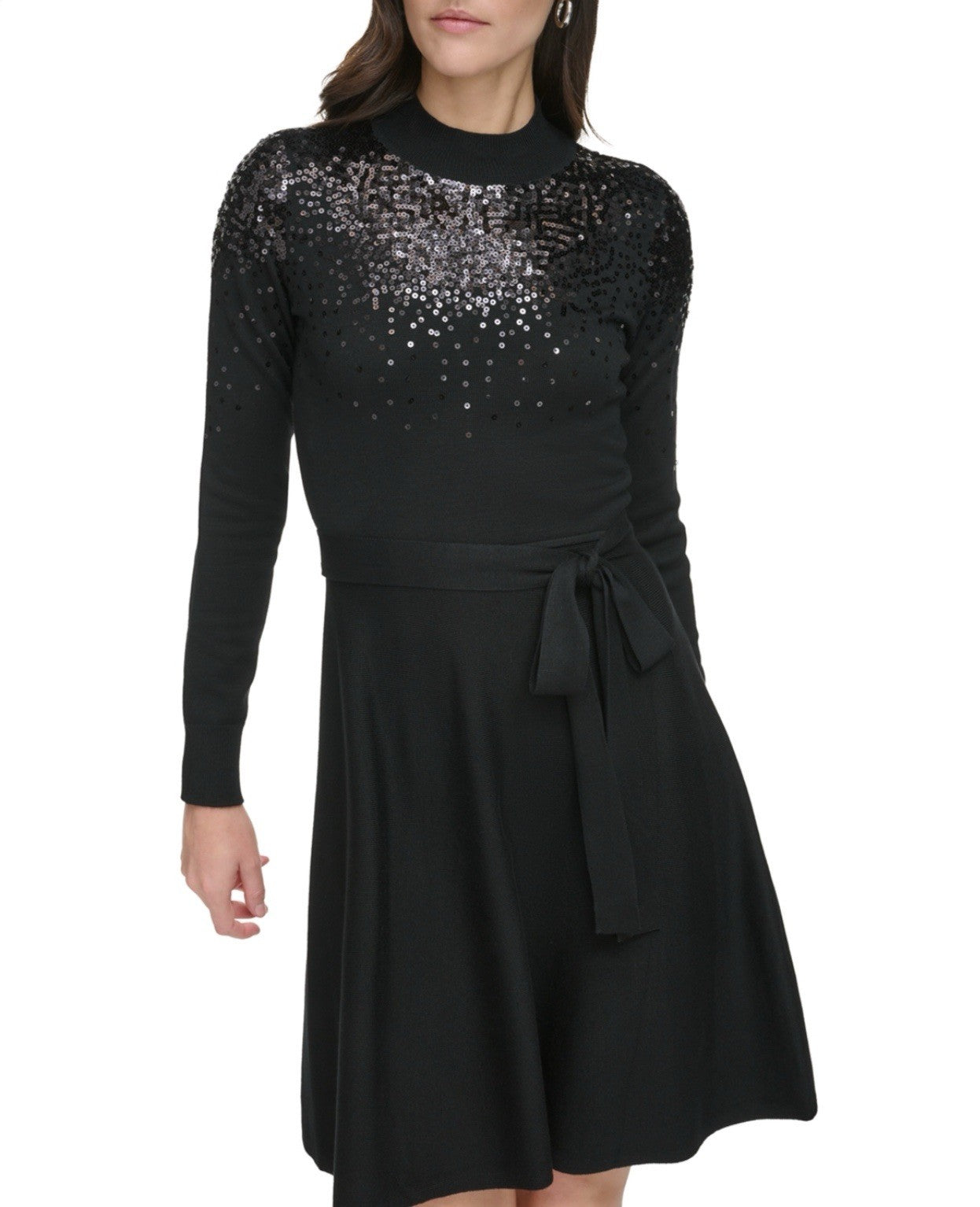 Vince Camuto Women's Black Sequin Embellished Turtleneck Fit & Flare Dress XL