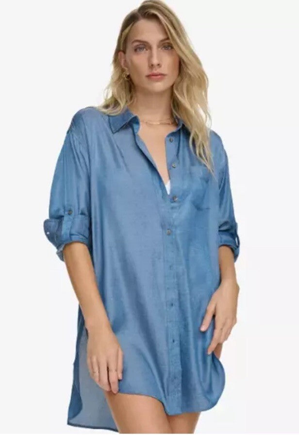 CALVIN KLEIN Women's Beach Button-Up Shirt Cover-Up Blue Size L