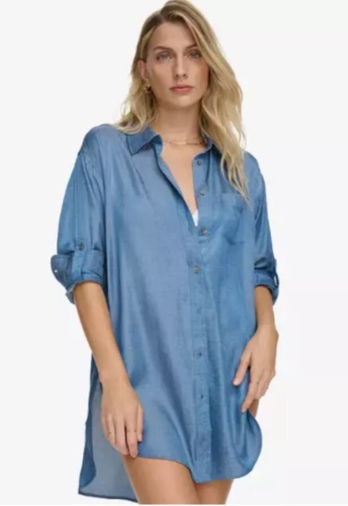 CALVIN KLEIN Women's Beach Button-Up Shirt Cover-Up Blue Size L