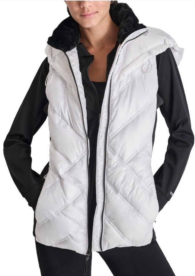 DKNY Womens Hooded Puffer Vest White And Black S