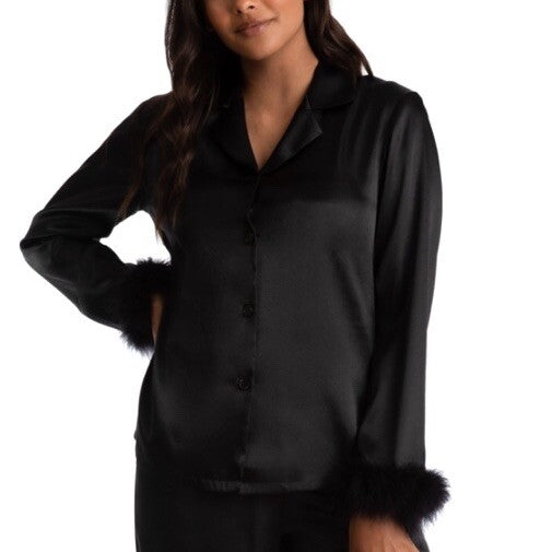 Linea Donatella Marabou Feather Satin Only Pajama Top Black L