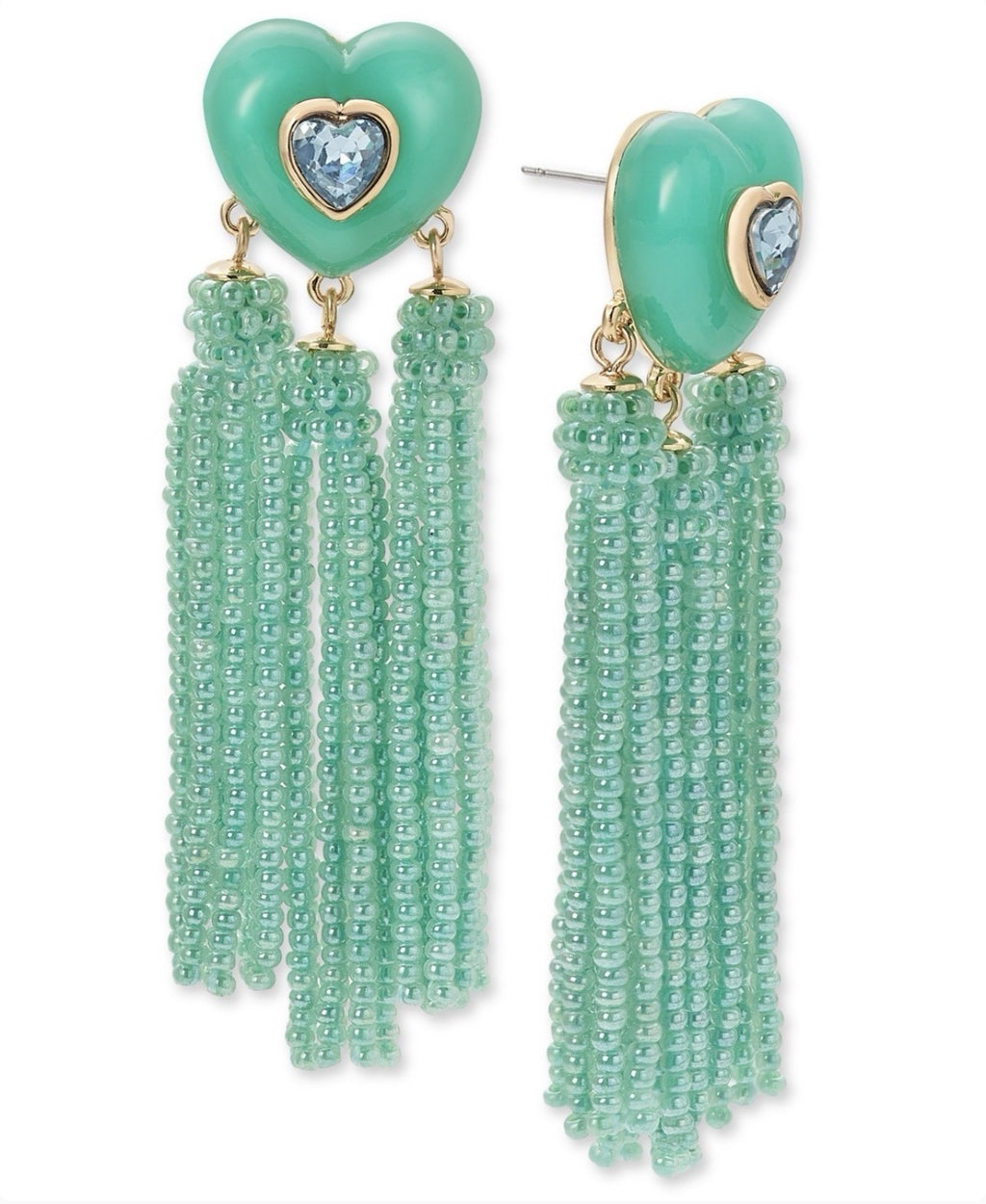 On 34th Earrings Green Heart Tassel Mixed Beaded Rhinestone Fringed Tower $49