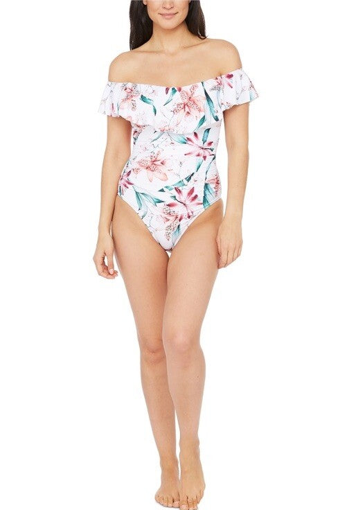 LA BLANCA Flyaway Orchid Printed Ruffle Off-the-Shoulder One-Piece Swimsuit 8,