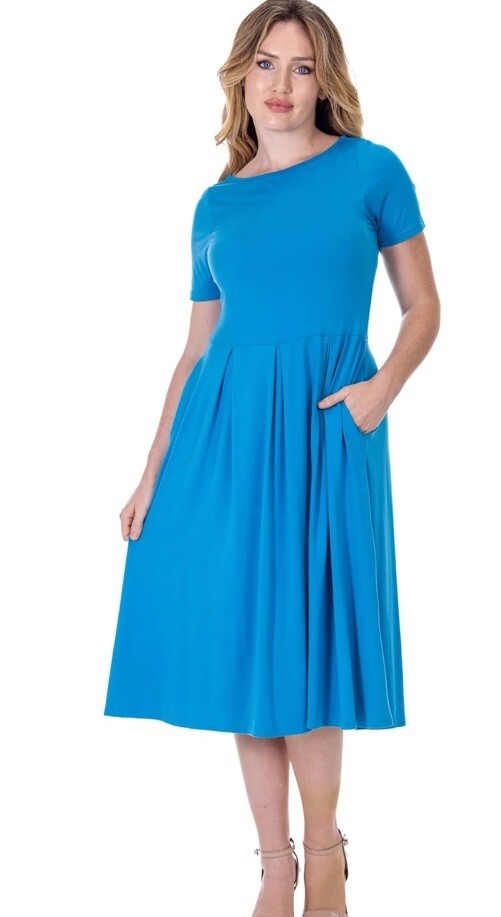 Midi Dress with Short Sleeves and Pocket Detail XL Turquoise