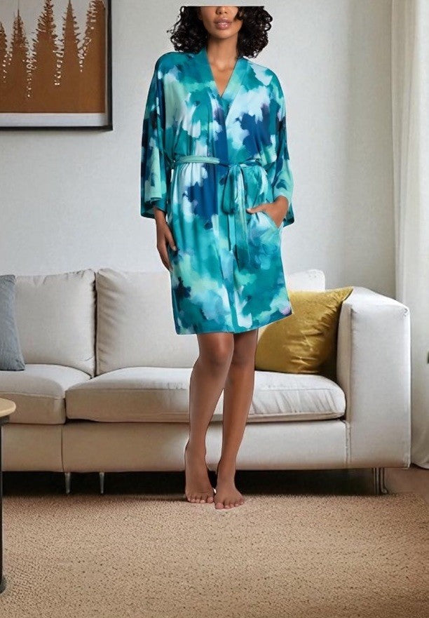 Linea Donatella Women's Clement Printed Wrap Robe - Turquoise Size S/M