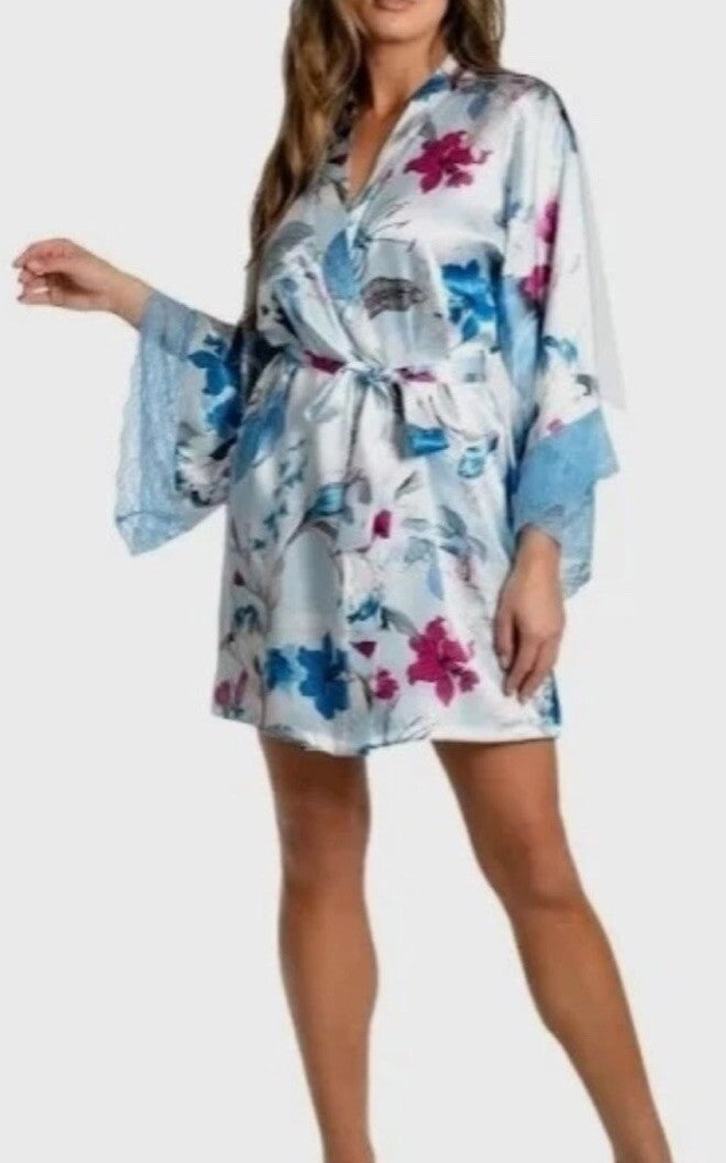 Linea Donatella Women's Ayanna Satin Lace-Trim Robe - Blue S/M,