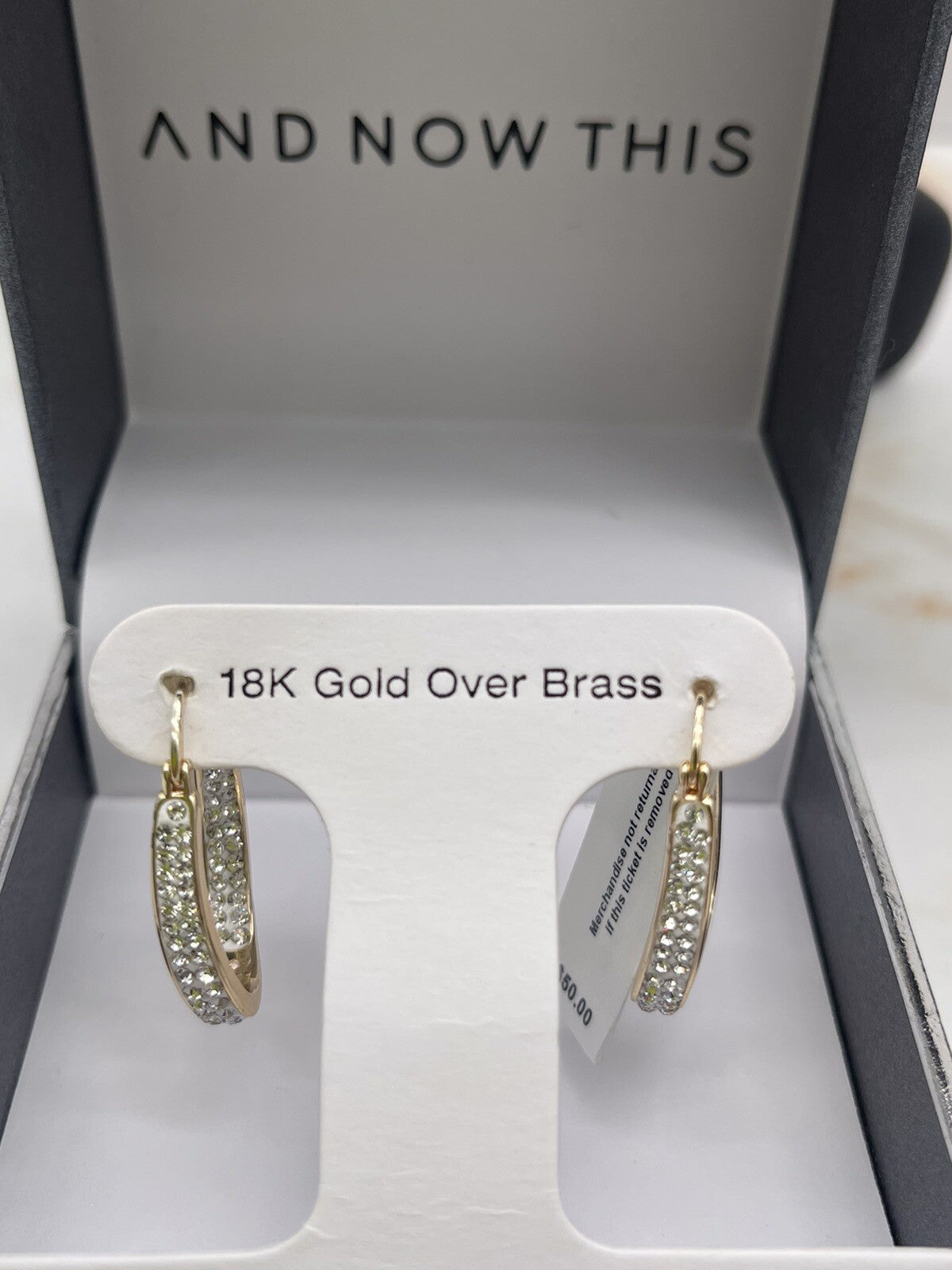 And Now This 18K gold over brass crystal & shiny double open hoop earrings