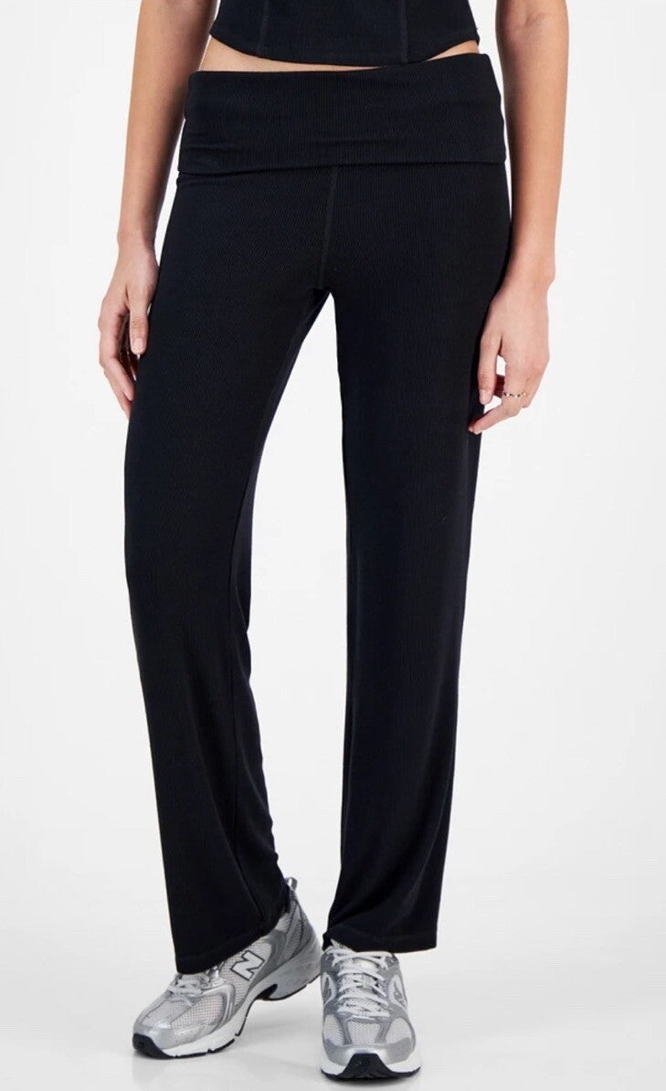 Ultra Flirt Juniors' High Rise Foldover-Waist Ribbed Knit Pants Black S