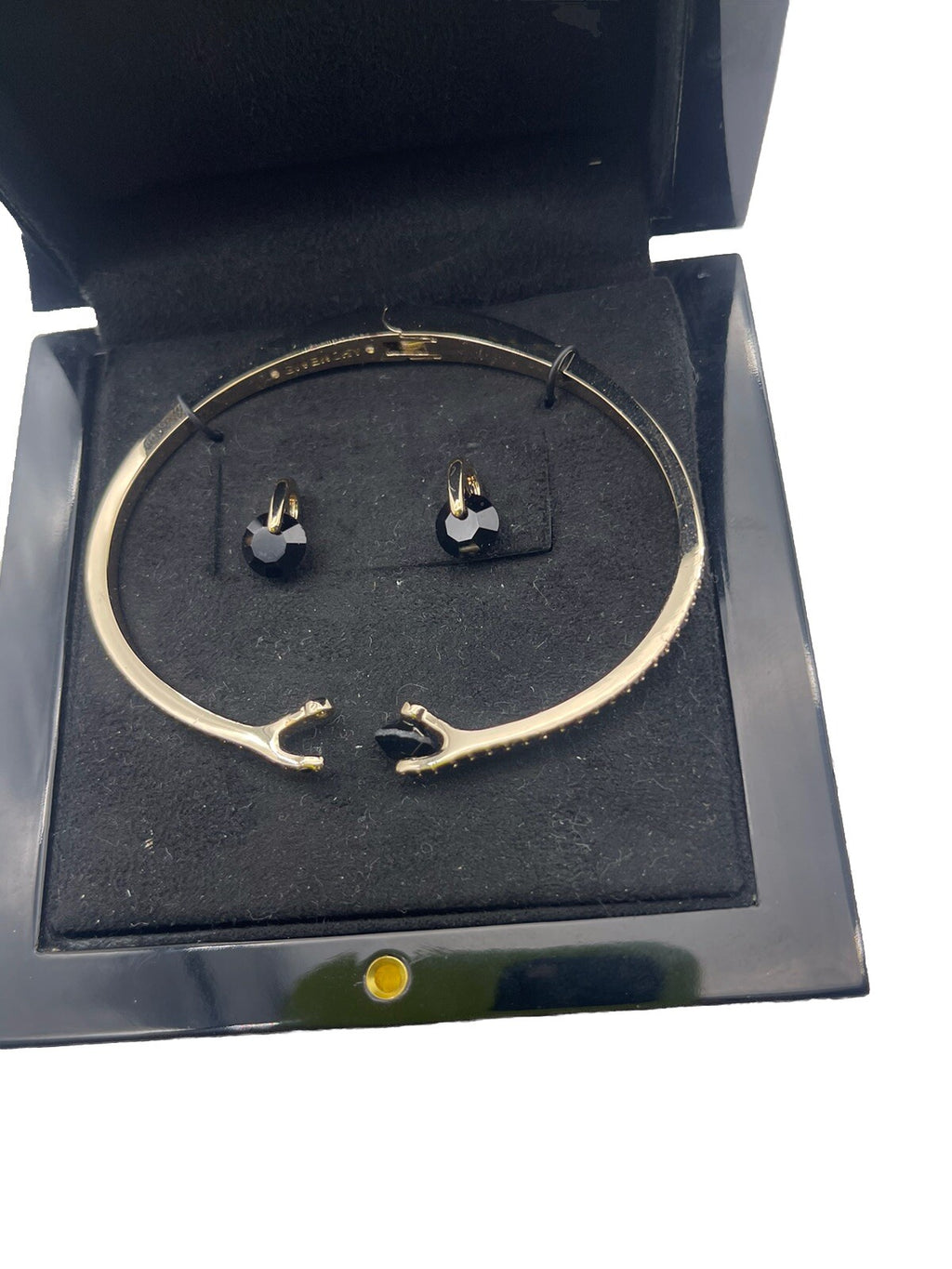 GIVENCHY SILVER TONE Black CRYSTALS BANGLE BRACELET WITH FLOATING STONE EARRINGS
