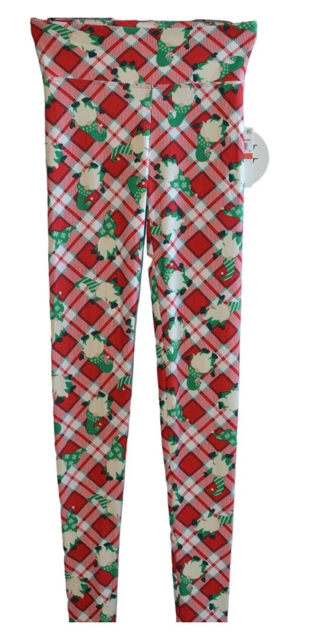 Planet Heart Juniors High Rise Holiday Leggings, Red & Green Gnome Plaid, XS