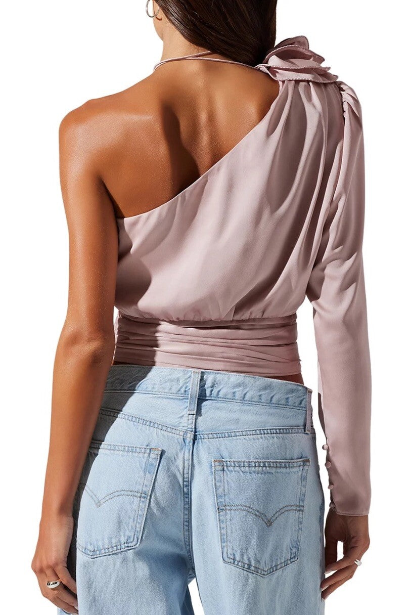 ASTR THE LABEL NEW Women's Pink One Shoulder Satin Blouse Rose Accent Size L