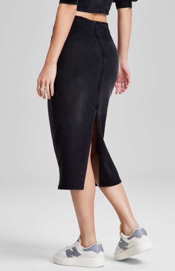 And Now This Women's Denim Back-Slit Midi Skirt Black Wash XS