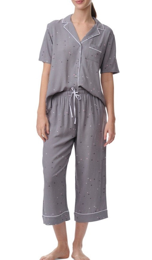 Splendid Womens Notch Collar Woven Capri Pajama Set, Scatter Star, XL
