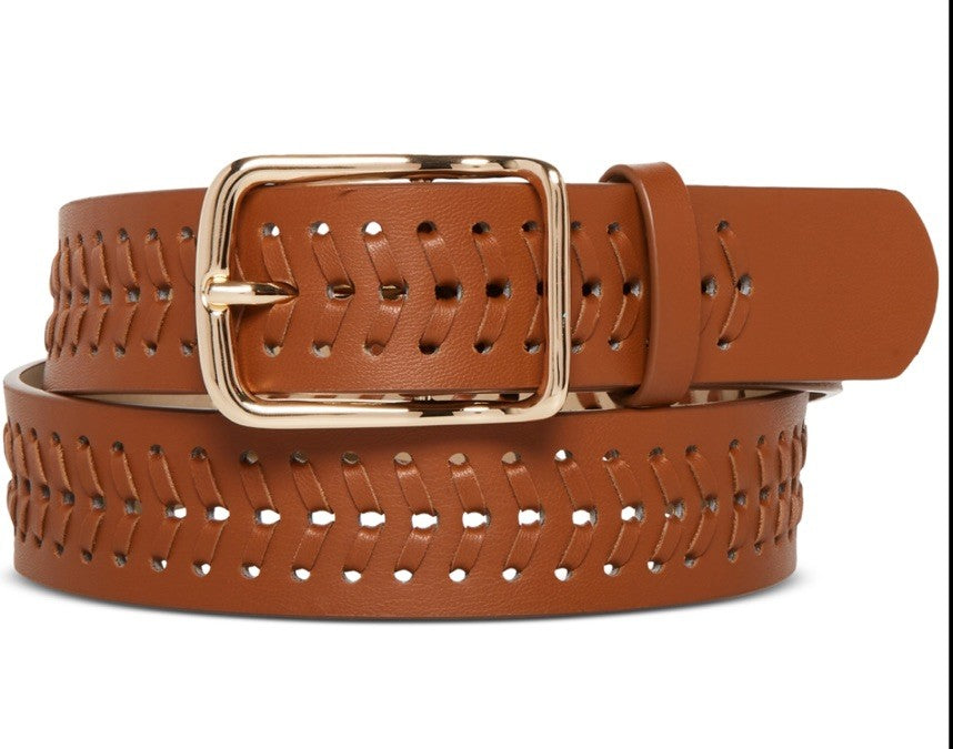 Steve Madden Women's Whipstitch Faux-Leather Belt Cognac M