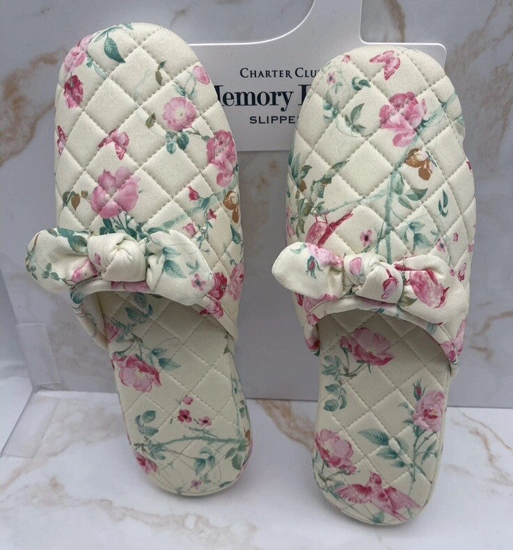 Charter Club Memory Foam Women’s Slippers L  9-10 Yellow With Flowers