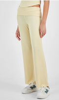 Ultra Flirt Juniors' High Rise Foldover-Waist Ribbed Knit Pants Banana Crepe XS