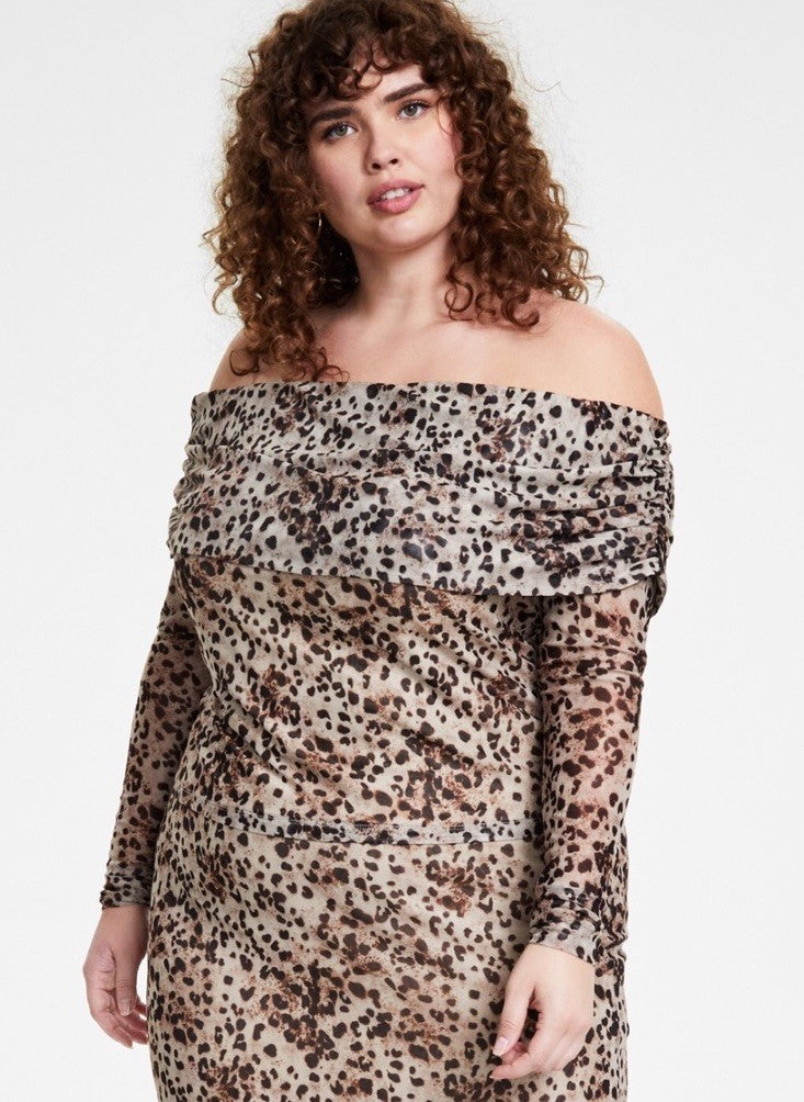 Bar III Trendy Plus Size Printed Off-the-Shoulder Mesh Top Cheetah 4X