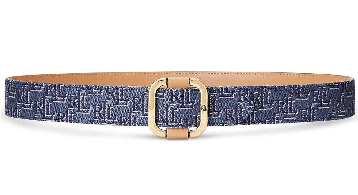 Lauren Ralph Lauren Blue Monogram Jacquard Slide-Buckle Belt Small 
