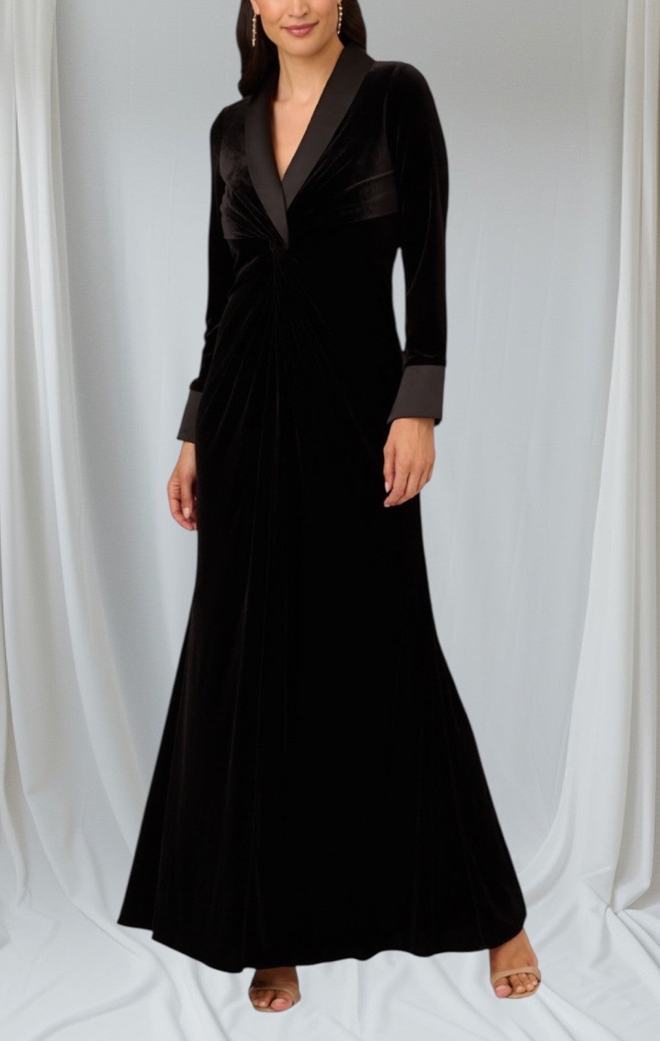 Adrianna Papell Women's Velvet Twist-Front Tuxedo Gown Size 12 Black 