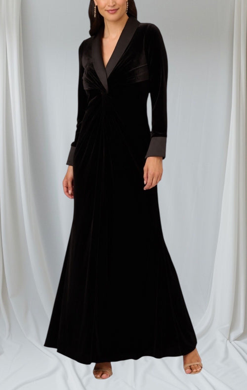 Adrianna Papell Women's Velvet Twist-Front Tuxedo Gown Size 12 Black 