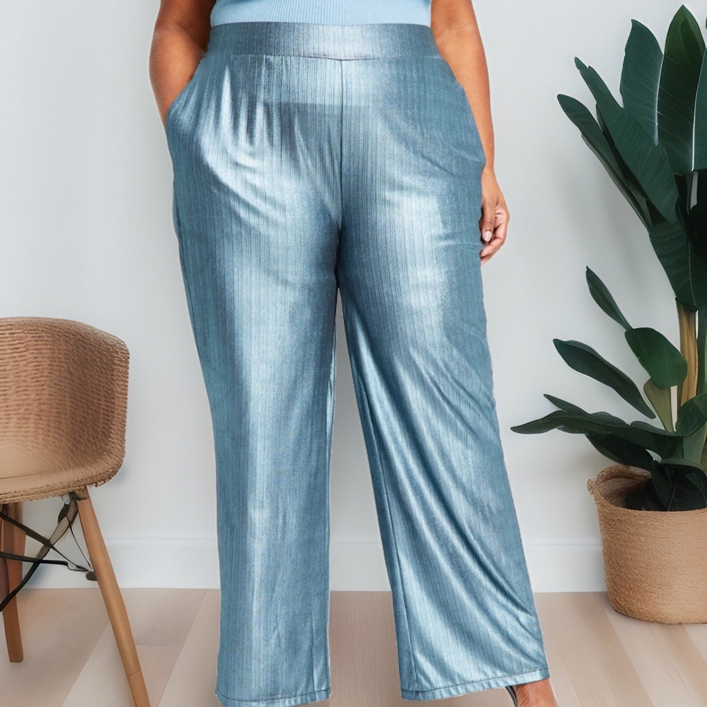 Nina Parker Trendy Plus Size Metallic Wide-Leg Pants Ice Blue 2X