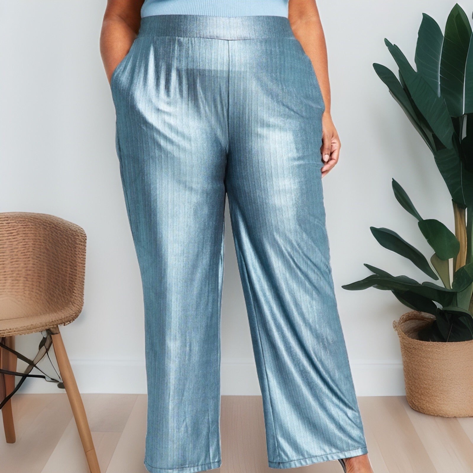 Nina Parker Trendy Plus Size Metallic Wide-Leg Pants Ice Blue 2X