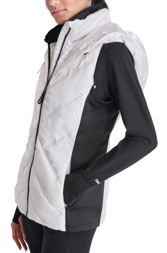 DKNY Womens Hooded Puffer Vest White And Black S