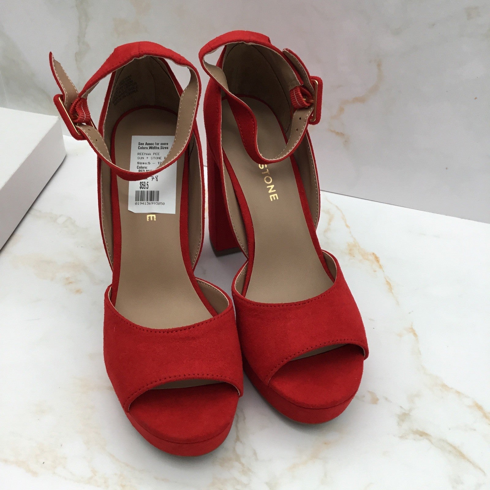  Sun + Stone Women's Reemaa Peep Toe Block Heel Platform Sandals Red Size 7
