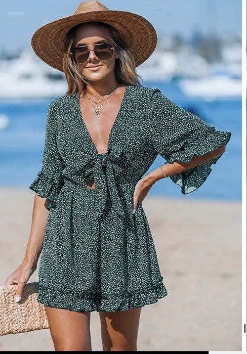 Cupshe Women's Tropical Halter Keyhole Romper S Green