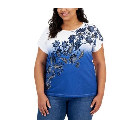 Tommy Hilfiger Womens Ombre Floral Embellished T-Shirt