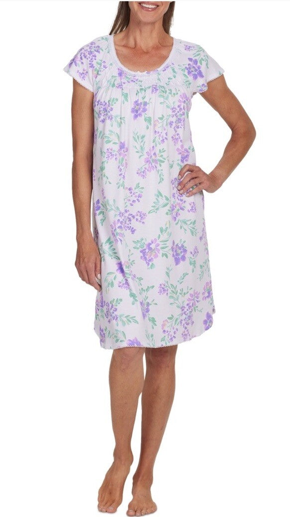 Miss Elaine Women's Floral Short-Sleeve Nightgown - Lavender Flowers White SZ S