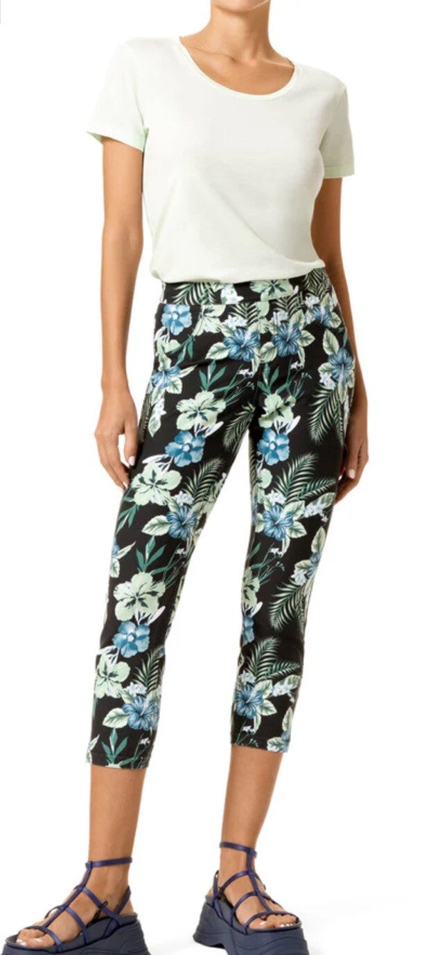Hue Womens Size S Floral Tropical Print Essential Denim Capri Pants in Black