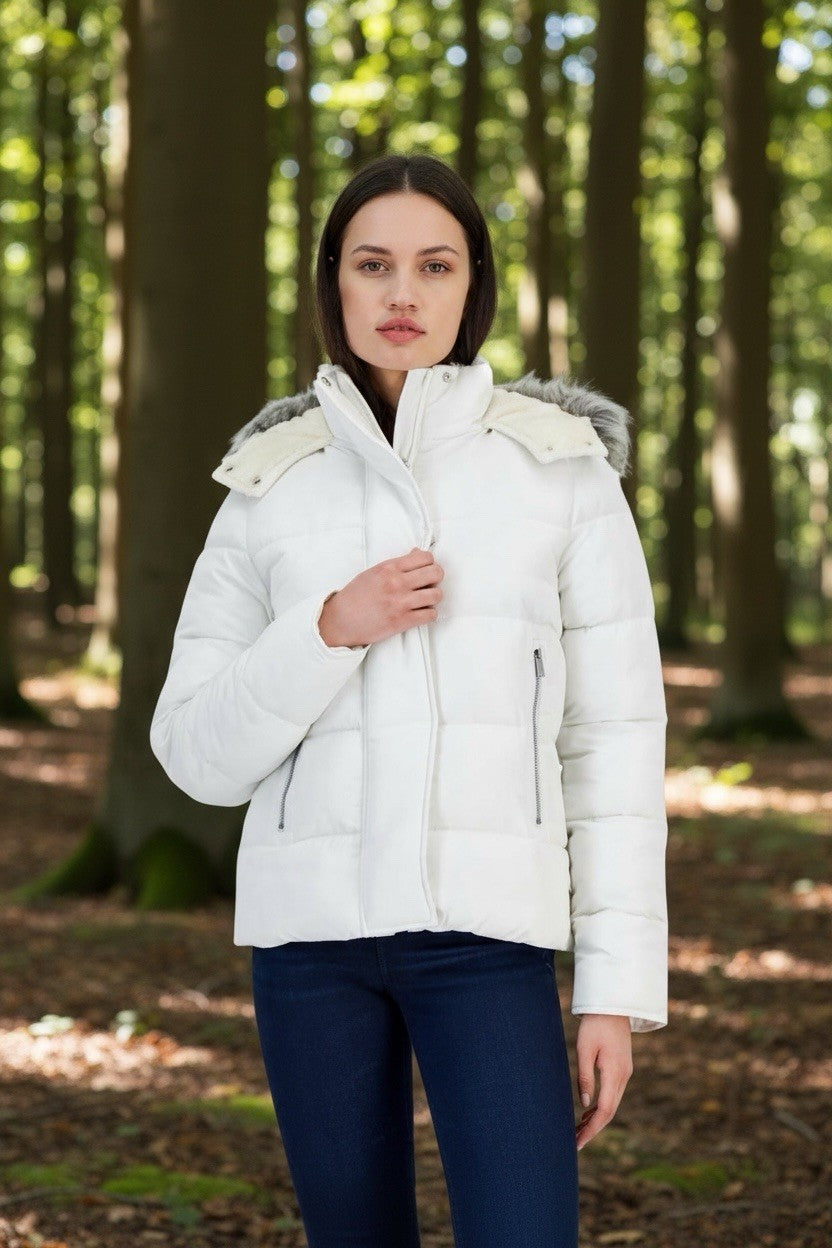 Maralyn & Me Juniors' Faux-Fur-Trim Hooded Puffer Coat Winter White Size M