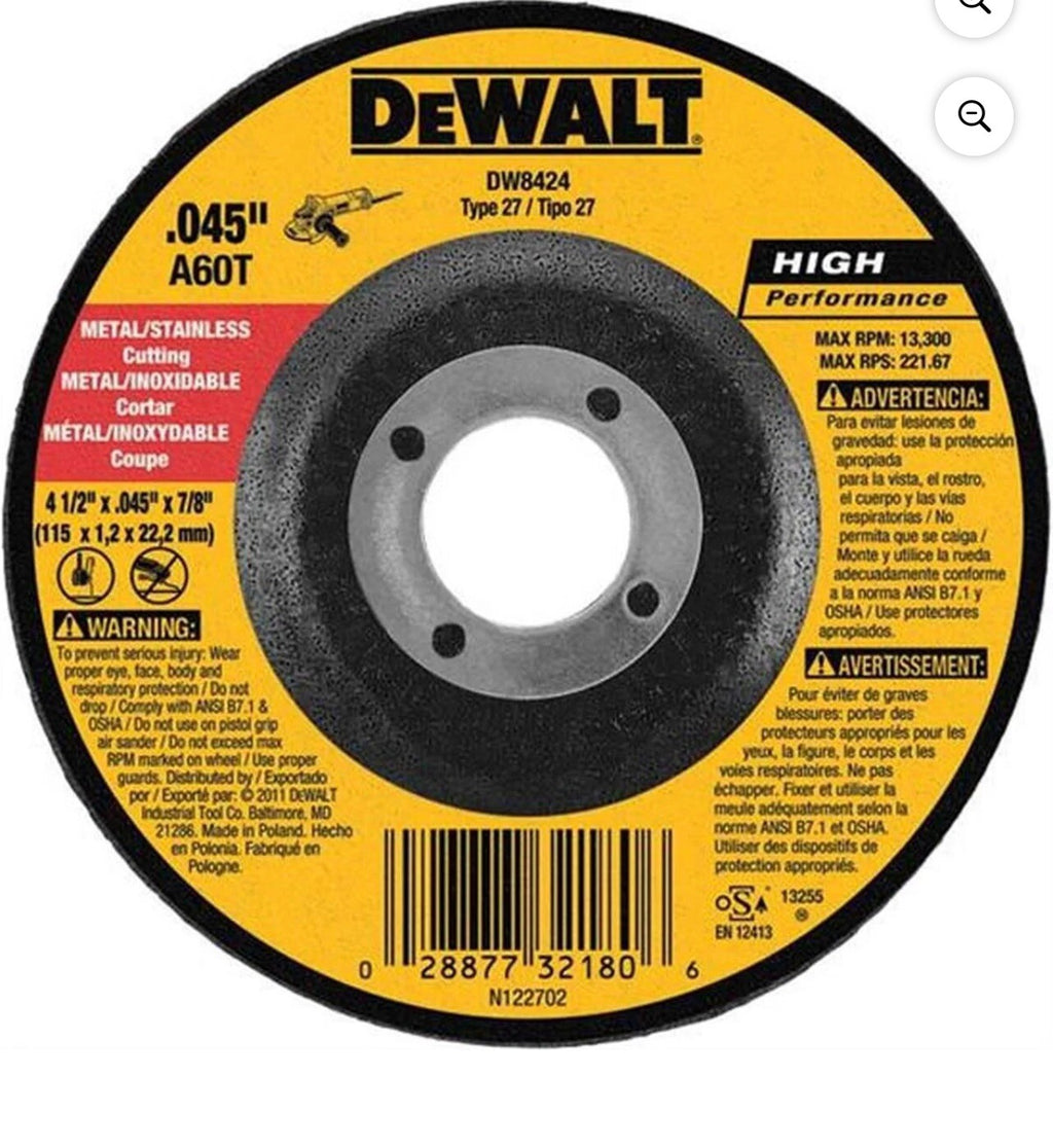 DW8424 4-1/2" x .045" x 7/8" Dewalt Cutting Grinding Wheel TP27 High Performance