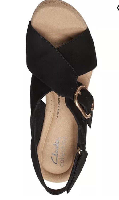 Clarks Women's Giselle Dove Wedge Sandals Black Nubuck 9 1/2