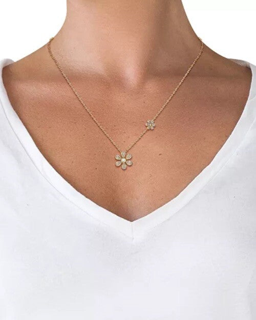 Cubic Zirconia Double Flower Pendant Necklace in 18k Gold-Plated Sterling Silve