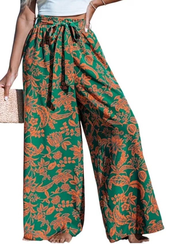 Cupshe Women's Tropical Tie Waist Wide Leg Pants S 
