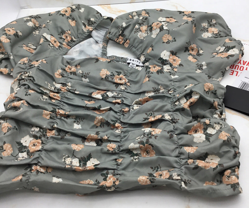 Celebrity Pink Puff Sleeve Ruched Top Tea Floral 