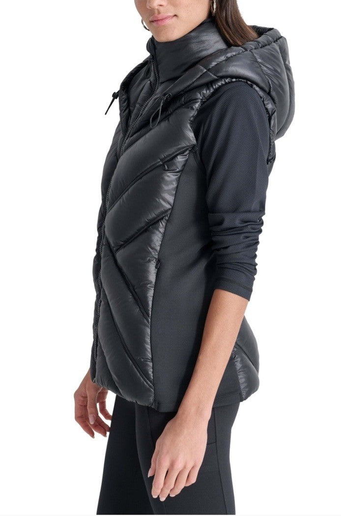 NWT DKNY Hooded Metallic Puffer Vest - Size S, Black