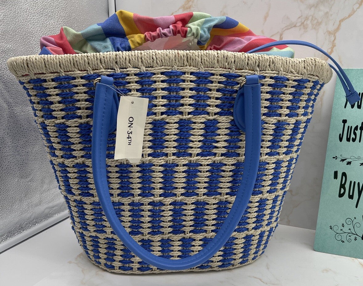 On 34th Isabella Straw Tote Bag Blu Strp One Size W/tag 