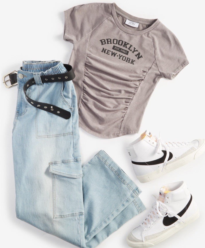 Just Polly Juniors' Crewneck Ruched-Front Baby Tee Grey  M