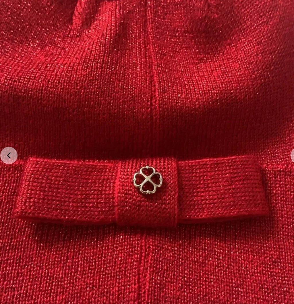Kate Spade Women's Metallic Bow Flower Stud Beanie Red Sparkle 