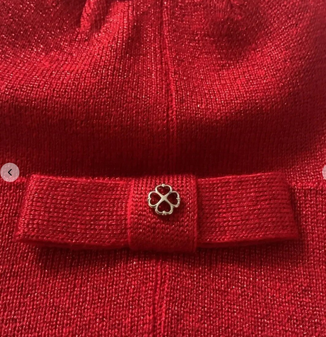 Kate Spade Women's Metallic Bow Flower Stud Beanie Red Sparkle 